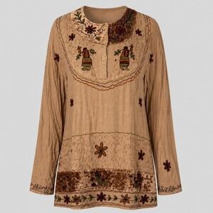 Vintage‎ Crystals Rayon Boho Tunic Medium Embroidered Floral Velvet Y2K Top